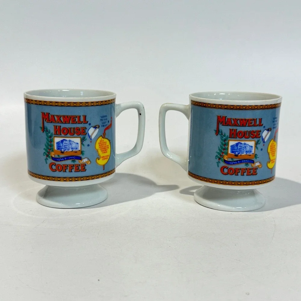 Vintage 70s Pair of Maxwell House Pedestal Coffee Mugs Cups ITD Japan Maker Mark